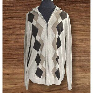 Perry Ellis Men's Zip Brown Beige Argyle Cardigan Sweater Size Large Preppy
